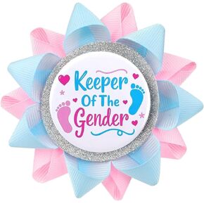 Keeper of the Gender Gender Reveal Decorations, Boy or Girl Party Ribbon Pins, Pink & Blue Button Pins for Baby Shower Celebration