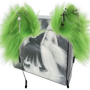 Agymo Handmade Green wolf Ears with earrings accessores,Animal furry ears headbands with Punk Gothic chains, Halloween costume accessory