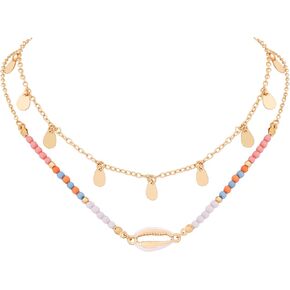 MINACHI Bohemian Layered Beaded Necklace with Colorful Beads, Seashell Pendant, Summer Vibe Gift for Women