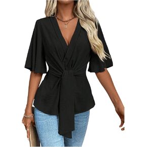 OYOANGLE Women's Textured Wrap V Neck Ruffle Short Sleeve Ruched Blouse Tie Front Tunic Tops