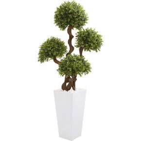 Nearly Natural 55in. Four Ball Boxwood Artificial Topiary Tree in Tall White Planter