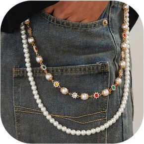 Pants Chain for Women Men Layered Pearl Wallet Chain Punk Rhinestone Pearl Flower Jeans Key Chain Punk Body Jewelry