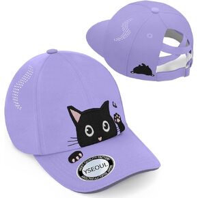 Girls Criss Cross Ponytail Hat - Black Cat Baseball Cap for Kids Age 7-15 - Adjustable Cotton Sun Hat for Cat Lover Gifts in Kuwait
