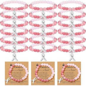 24 Pcs Breast Cancer Awareness Bracelets Team Gift Natural Stone Pink Beaded Bracelet with Inspirational Card for Ribbon Charm Bracelet for Women
