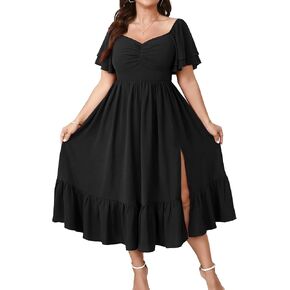 SCOMCHIC Womens Plus Size Wedding Guest Cocktail Dresses Sweetheart Neckline Short Sleeve Smocked Ruffle Slit Maxi Dress