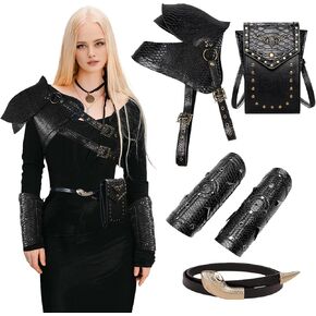 5Pcs Gothic Women's Medieval Costume Set,Steampunk Viking Accessories with Adjustable Shoulder Armor,Bracers, Belt Bag