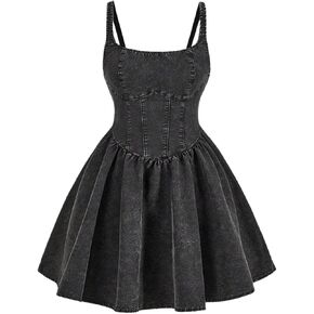 WDIRARA Women's Casual Square Neck Denim Dress Ruffle Hem A Line Mini Dress