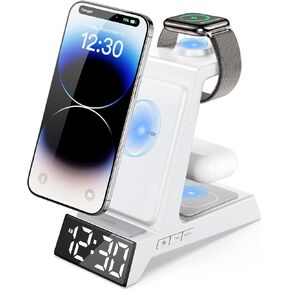 ANJANK 3 in 1 Wireless Charger with Alarm Clock, Charging Staion Phone Stand for iPhone 16 15 14 13 12 11 Pro Max X for Apple Watch 10/9/8/7/6/5/UItra & AirPods 4 3 2 Pro, Desk Nightstand Charger Dock