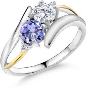 Gem Stone King 925 Silver و 10K Gold Gold White Moissanite و Blue Tanzanite و White Moissanite 2-Stone Crossover for Women (0.98 CTTW ، متوفر بحجم 5،6،7،8،9)