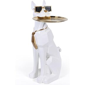 Resin Dog Side Table With Tray, Butler Statue Tissue Box, Accent End Table, Unique Sculpture, Geometric Statue, Funky Furniture for Home Decor Modern (White)
