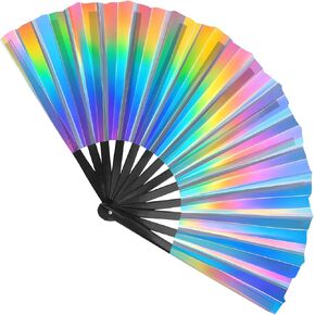 Large Folding Hand Rave Fan,Clack Handheld Holographic Glitter Colors Hand Fan for Festivals,Rainbow Outfits,Disco Party,Home Decoration and Cooling in Various Occasions