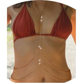 Sexy Body Chain Waist Gold Belly Chain Bikini Bra Body Jewelry Necklace Waist body Summer Beach Rhinestone Lingerie Chain Layered Adjustable