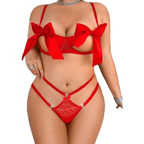 Plus Size Valentines Lingerie,Unwrap Bow Bra And Panty Sets,Sexy Heart Lingeries For Women Christmas Vday Gift