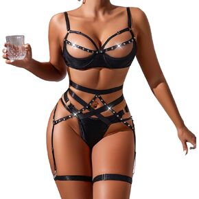 Women's Sexy Sparkly glitter Chain Belt Teddy Babydoll Bodysuit Garter Belt Lingerie Set