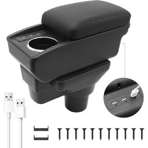 YJYWZH Car Armrest Storage Box for Hyundai Accent Solaris Verna 2017-2020 Double-Layer Car Center Console Armrest Box with 6 USB Ports and Cup Holder for Car Accessories(Black Thread)