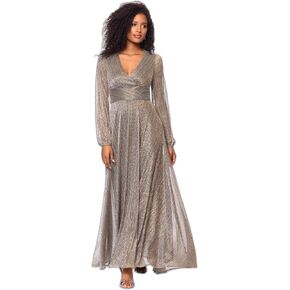 Betsy & Adam Women's Floor-Length, Long Sleeve, Metallic Crinkle, with Ruched Waist