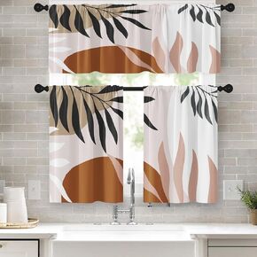 Boho Kitchen Window Curtains Valance and Tier Set 36 Inch Vintage Palm Tree Summer Palm Leaf Floral Rod Pocket Short Tier Curtain, Tropical Small Cafe Drapes for Kitchen Decor