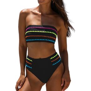 Women' s Bandeau Bikini 2 Piece Square Neck High Waisted Swimsuits High Cut Shell Stitched Bahing Suit Color Block