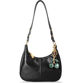 Retro Hobo Bag with Cherry Charm Vegan Leather Shoulder Crossbody Handheld Stylish Purse for Women