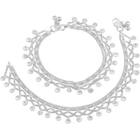 Efulgenz Indian Silver Tone Crystal Charms Tassel Chain Anklet Set Bracelet Payal Foot Jewelry
