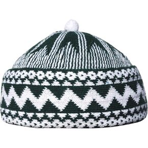 Thekufi® Dark Green Cotton Blend Zigzag Beanie Kufi Hat مع الكرة على أعلى حجم واحد