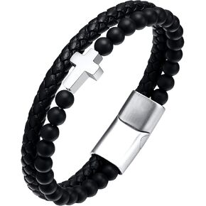 YL Mens Christian Cross Leather Bracelet Black Nature Stone Beaded Bracelet Double Row Braided Bangle Wristband Jewelry