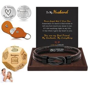 Fathers Day Bracelets Gifts for Men Who Have Everything I Love You Gifts for Him Leather Bracelets for Men Food Dice Pocket Hug Token Keyachin Date Night Decision Gift Basket for Boyfriend Husband Son Grandson Dad