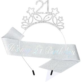 Ondder Silver 21st Birthday Sash and Tiara Shiny Birthday Crown and Sash Kit 21st Birthday Star Headband 21st Sparkly Rhinestone Headband Birthday Party Decorations Gifts Party Favors Supplies for Girls