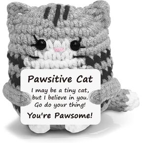 Positive Crochet Cat Mini Animal Emotional Cheer Up Support Gifts, Funny Crochet Mini Handmade Cat for Women Men Friends Mom Daughter Son Teen Birthday Mothers Day Decor Graduation Gifts (Grey)