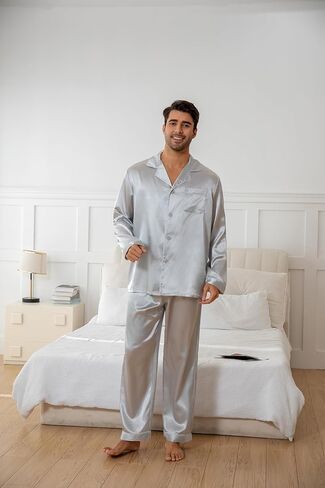 JupiterSecret Mens Satin Silk Pajamas Sets Long Sleeve Sleepwear Button Down Pjs Sets 2 Pieces Loungewear with Pockets in Saudi Arabia