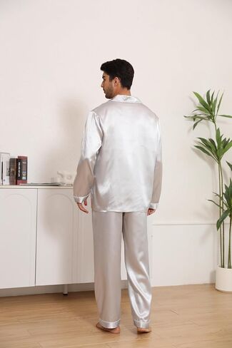 JupiterSecret Mens Satin Silk Pajamas Sets Long Sleeve Sleepwear Button Down Pjs Sets 2 Pieces Loungewear with Pockets in Saudi Arabia