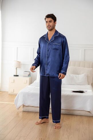 JupiterSecret Mens Satin Silk Pajamas Sets Long Sleeve Sleepwear Button Down Pjs Sets 2 Pieces Loungewear with Pockets in Saudi Arabia