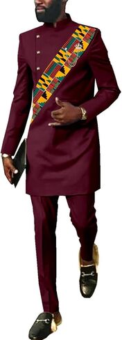 SEA&ALP African Men Dashiki Outfit 2 Piece Suit Shirt and Pants Set Slim Fit Wedding Dress Attire Clothing in Kuwait