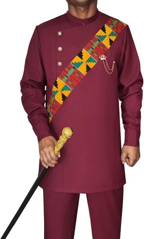 SEA&ALP African Men Dashiki Outfit 2 Piece Suit Shirt and Pants Set Slim Fit Wedding Dress Attire Clothing in Kuwait