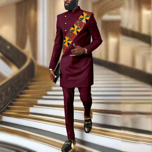 SEA&ALP African Men Dashiki Outfit 2 Piece Suit Shirt and Pants Set Slim Fit Wedding Dress Attire Clothing in Kuwait