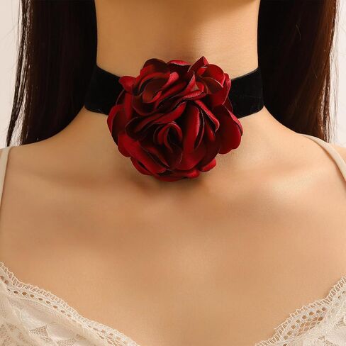 Flower Necklaces for Women Red Rose Choker Necklace for Women Black Velvet Choker Necklace Floral Choker Necklace Spring Summer Necklace Flower Jewelry in Saudi Arabia