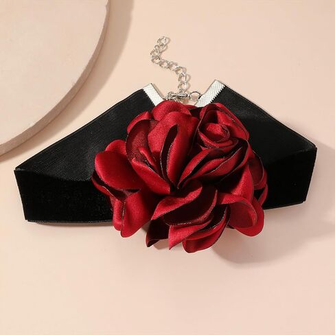 Flower Necklaces for Women Red Rose Choker Necklace for Women Black Velvet Choker Necklace Floral Choker Necklace Spring Summer Necklace Flower Jewelry in Saudi Arabia