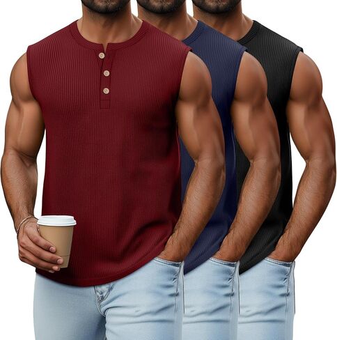 Neer 3 Pack Ribbed Tank Tops for Men Summer Sleeveless Henley Shirts Crewneck Tees Muscle Slim Fit Tank Top in Kuwait