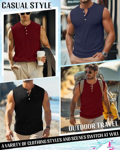 Neer 3 Pack Ribbed Tank Tops for Men Summer Sleeveless Henley Shirts Crewneck Tees Muscle Slim Fit Tank Top in Kuwait
