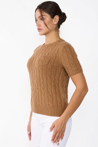JENNIE LIU Womens 70% Wool 30% Cashmere Chuncky Cable-Knit Crewneck Short Sleeve Sweater in Saudi Arabia