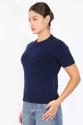 JENNIE LIU Womens 70% Wool 30% Cashmere Chuncky Cable-Knit Crewneck Short Sleeve Sweater in Saudi Arabia
