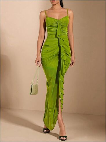 Floerns Women's Ruffle Ruched Cami Dress Draped Split Elegant Bodycon Maxi Dresses in Saudi Arabia