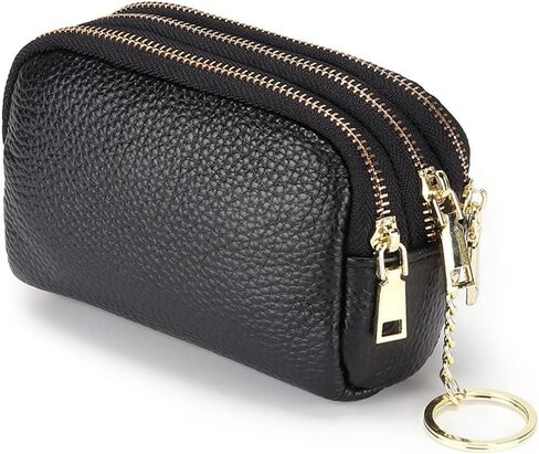 Coin Purse for Women, Small Coin Purse with 3 Compartments, Leather Change Purse for Coins, Little Purse with Key Ring, Black in Saudi Arabia
