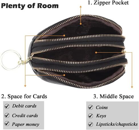 Coin Purse for Women, Small Coin Purse with 3 Compartments, Leather Change Purse for Coins, Little Purse with Key Ring, Black in Saudi Arabia