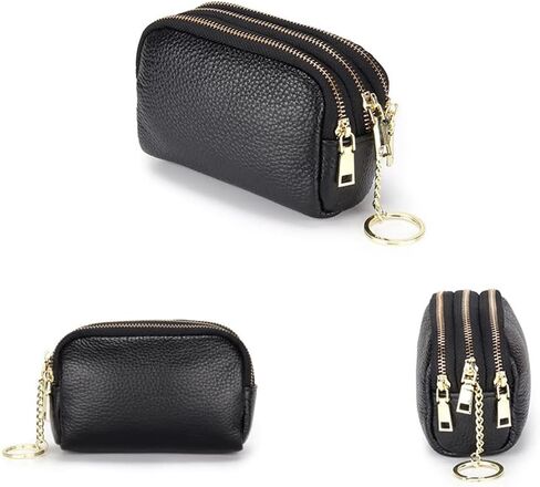 Coin Purse for Women, Small Coin Purse with 3 Compartments, Leather Change Purse for Coins, Little Purse with Key Ring, Black in Saudi Arabia
