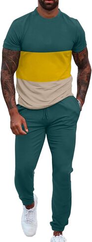 UOUA Mens 2 Piece Sweatsuits Outfits Short Sleeve Pullover Loungewear & Joggers Sweatpants Summer Casual Track Suits Set in Saudi Arabia
