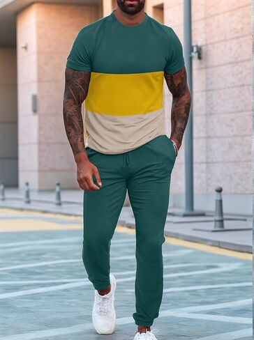 UOUA Mens 2 Piece Sweatsuits Outfits Short Sleeve Pullover Loungewear & Joggers Sweatpants Summer Casual Track Suits Set in Saudi Arabia