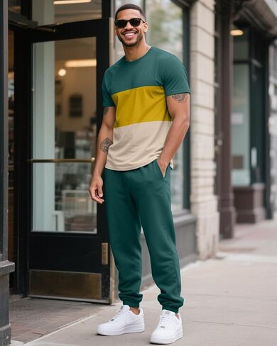 UOUA Mens 2 Piece Sweatsuits Outfits Short Sleeve Pullover Loungewear & Joggers Sweatpants Summer Casual Track Suits Set in Saudi Arabia