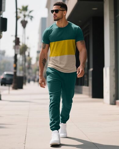 UOUA Mens 2 Piece Sweatsuits Outfits Short Sleeve Pullover Loungewear & Joggers Sweatpants Summer Casual Track Suits Set in Saudi Arabia