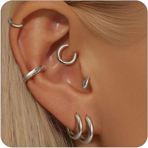 6 Pairs Small Silver Hoop Earrings for Women, Hypoallergenic 14K Gold Plated Stainless Steel Huggie Hoop Earrings Set for Sensitive Ears, Tiny Cartilage Conch Helix Earrings for Multiple Piercing Jewelry 6mm 8mm 10mm in Saudi Arabia